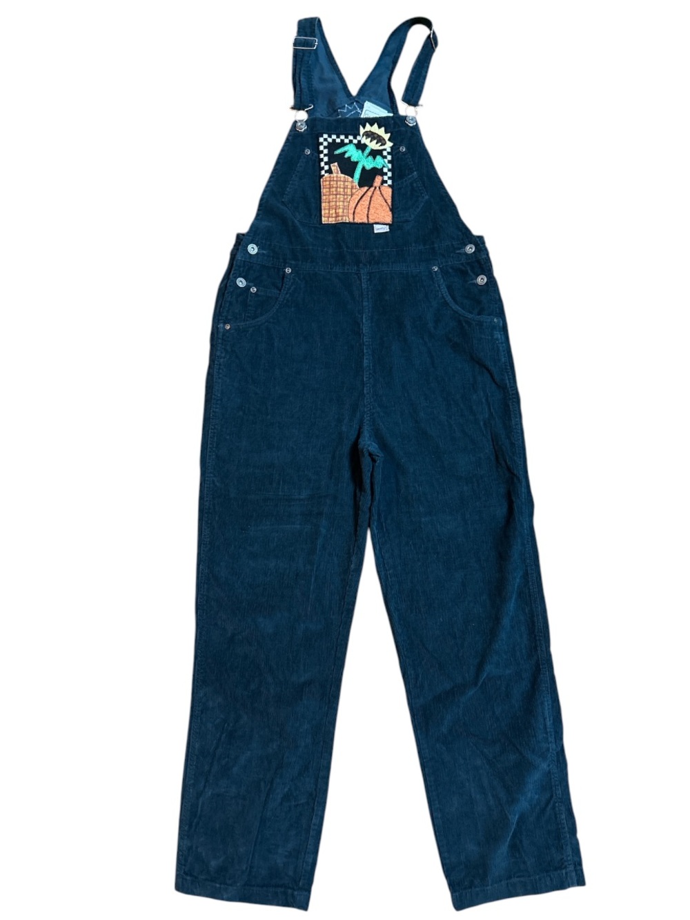 Vintage Beverly's Dark Teal Corduroy Overalls Pumpkin & Sunflower Patch Art Sz:M